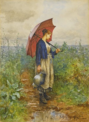 Portrait of a woman with umbrella gathering water